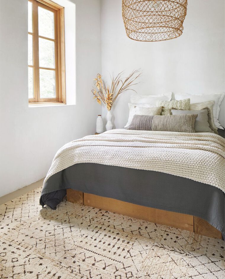 Bedroom with FLOR area rug Foothills in Eggnog